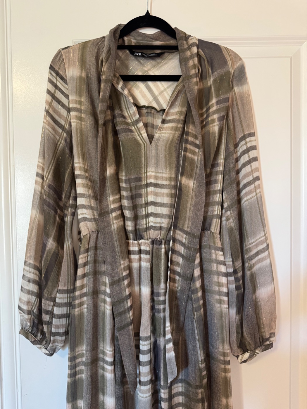 Zara Long Plaid Dress with Tie Belt - Image 2